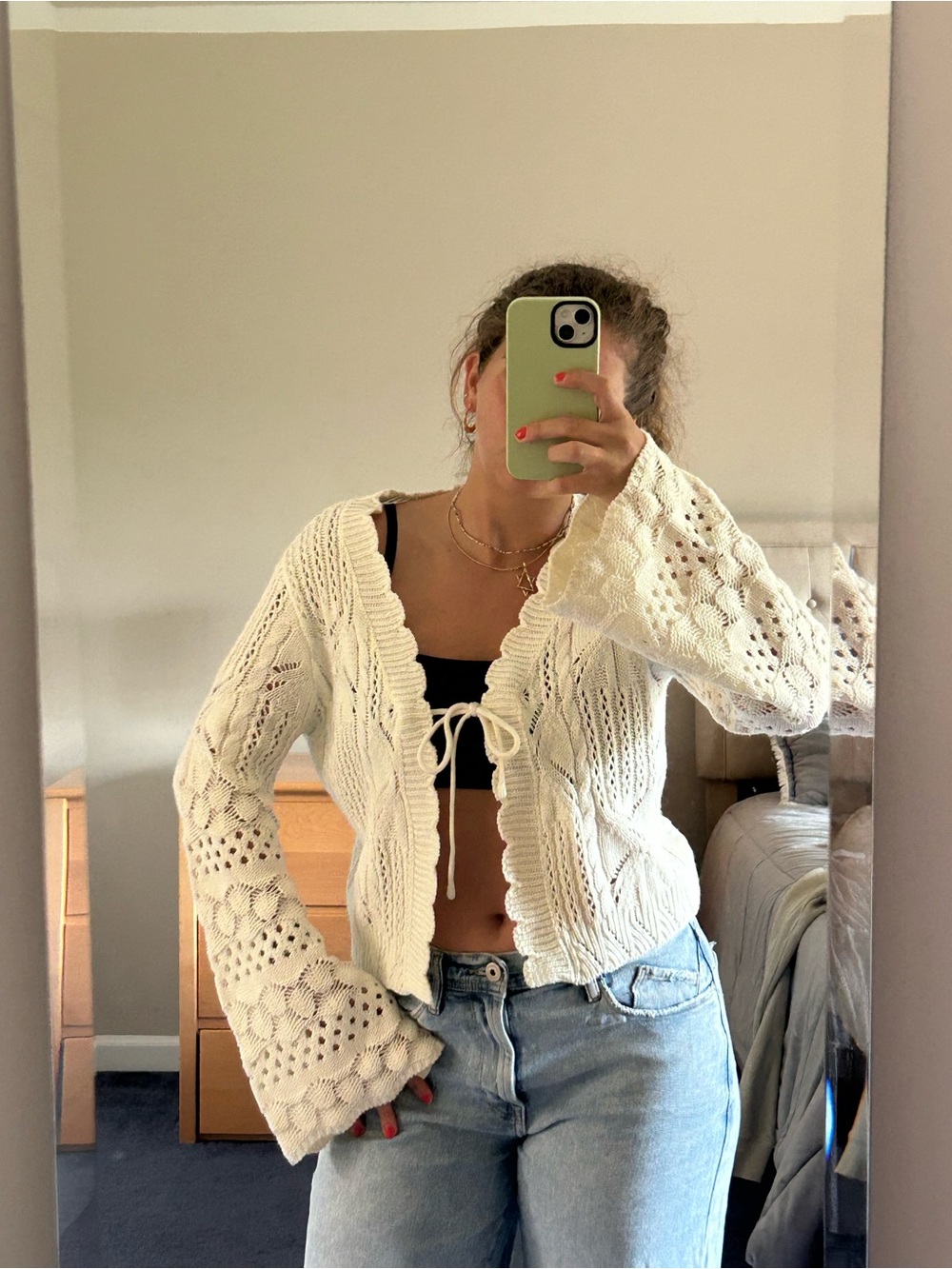 Women’s Cream Open Knit Tie-Front Sweater Cardigan